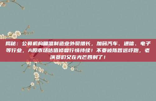 揭秘：公募机构瞄准制造业外贸增长，加码汽车、通信、电子等行业，A股市场估值修复行情持续！不要被陈哲远吓跑，老演员们又在光芒四射了！
